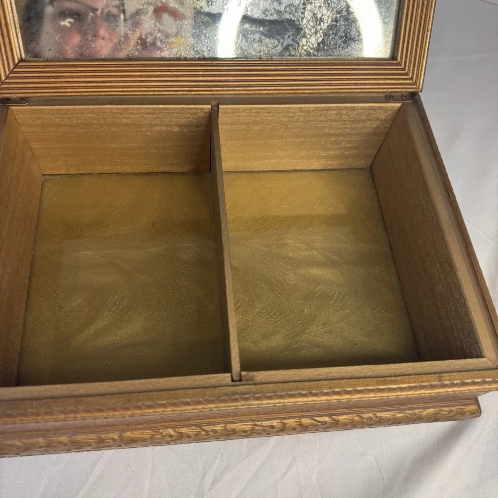Antique Vintage Jewelry Dresser Parlor Box Victorian Ladies Scene‎ Lid Mirror